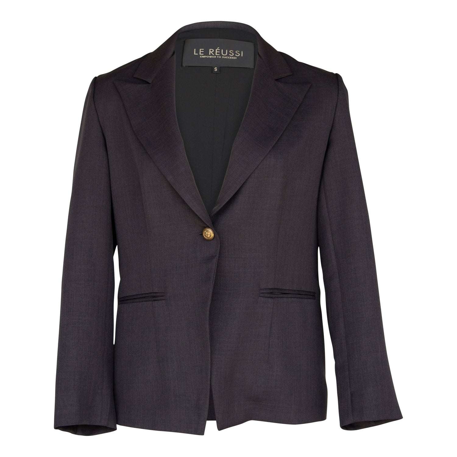 Women’s Luxe Charcoal Blazer by Mauve Daisy, tailored office jacket with fitted cut and classic lapel, hanging on a hanger.