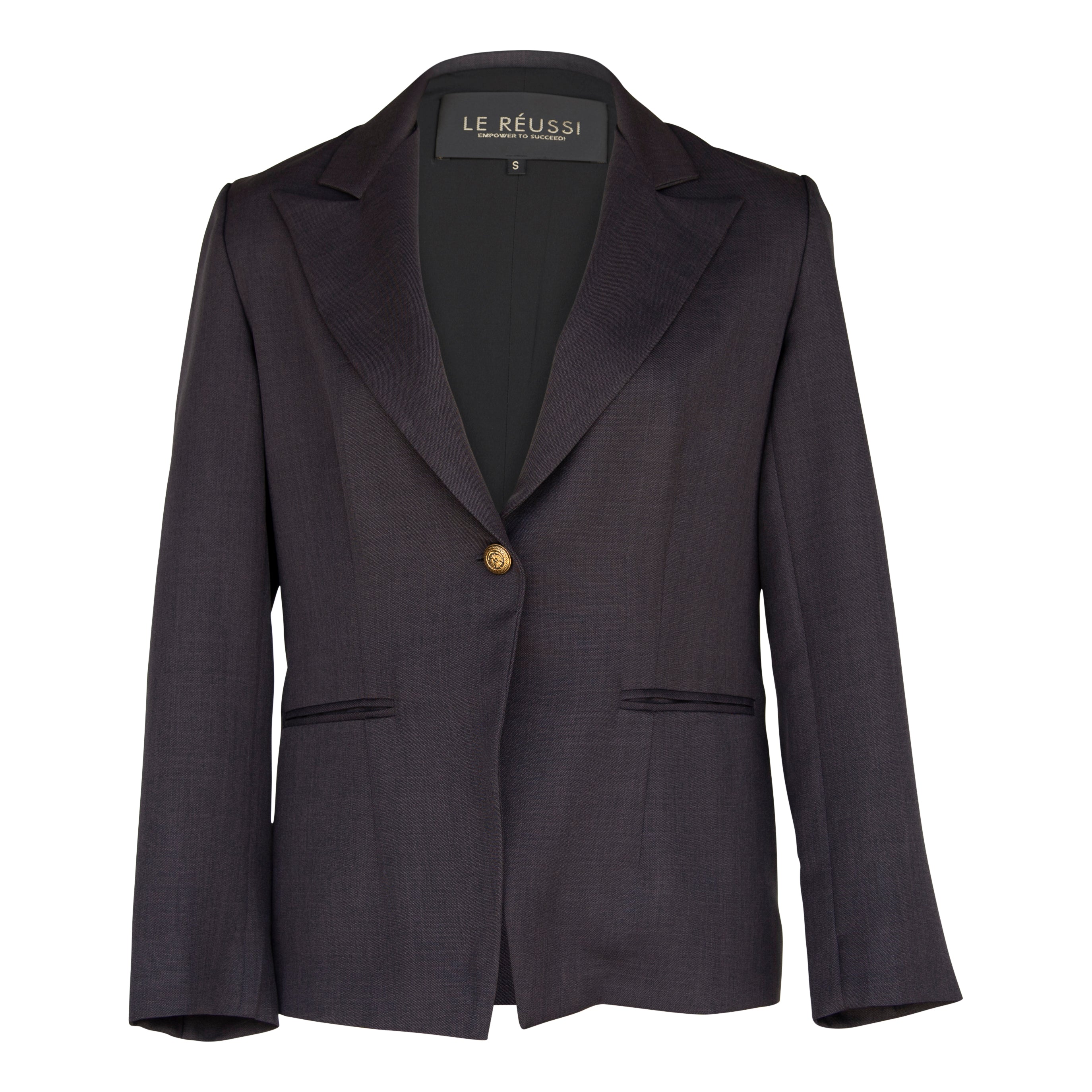 Women’s Luxe Charcoal Blazer by Mauve Daisy, tailored office jacket with fitted cut and classic lapel, hanging on a hanger.