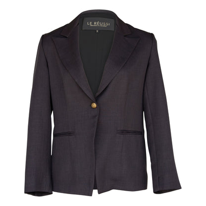 Women’s Luxe Charcoal Blazer by Mauve Daisy, tailored office jacket with fitted cut and classic lapel, hanging on a hanger.