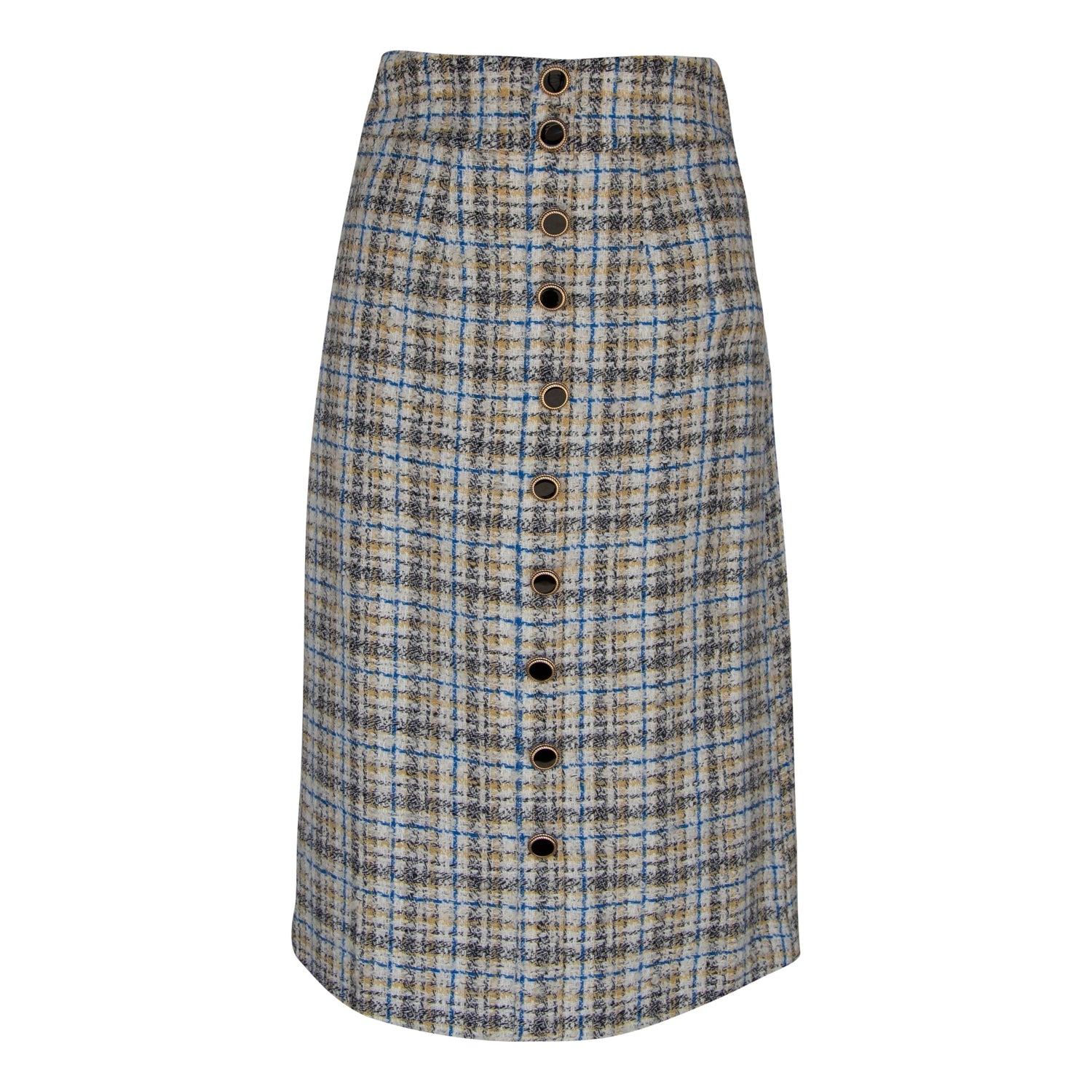 Women’s Luxe Plaid Tweed Pencil Skirt by Mauve Daisy featuring a chic plaid tweed design and tailored fit.
