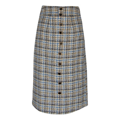 Women’s Luxe Plaid Tweed Pencil Skirt by Mauve Daisy featuring a chic plaid tweed design and tailored fit.