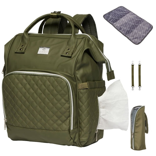 Ochre Athena MIMMTI® 2.0 leather diaper bag backpack in olive green and red, with spacious design and multiple compartments.