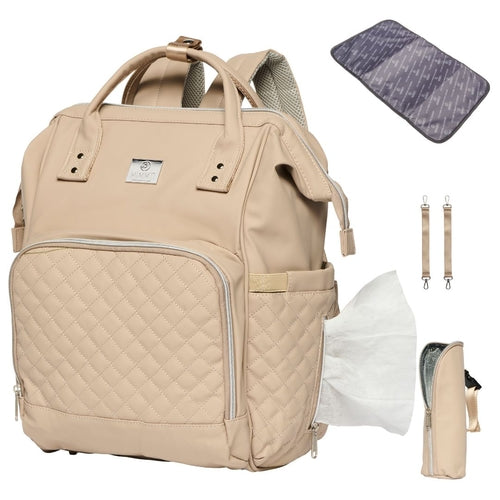 Ochre Athena MIMMTI® 2.0 leather diaper bag in dark beige, featuring multiple compartments and shoulder straps for parenthood accessories.