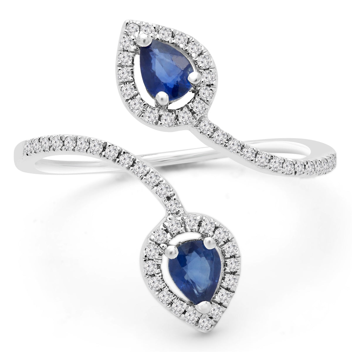Rose Chloe Majesty Diamonds blue sapphire two-stone ring with round cut sapphires, 0.5 carat total weight, elegant jewelry piece.