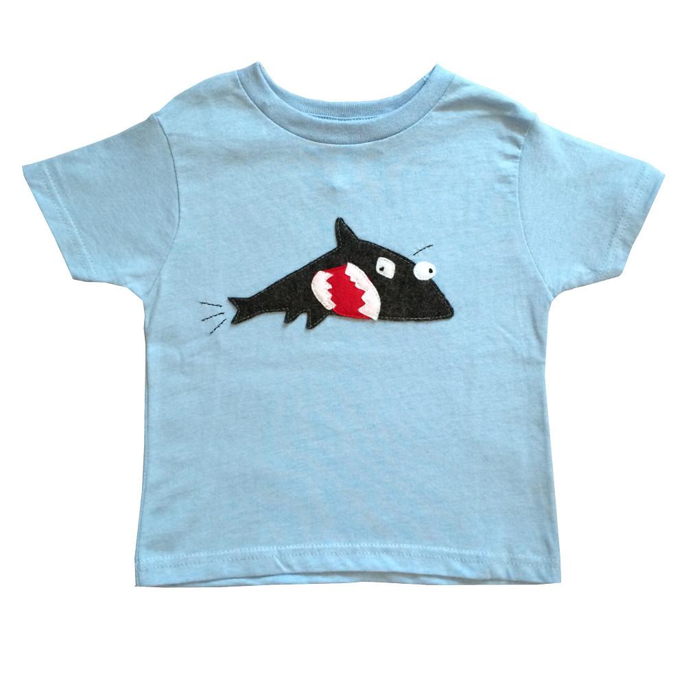 Toddler kids T-shirt by Sky Blue Milo featuring a shark and fish design from the mi cielo x Matthew Langille collection.