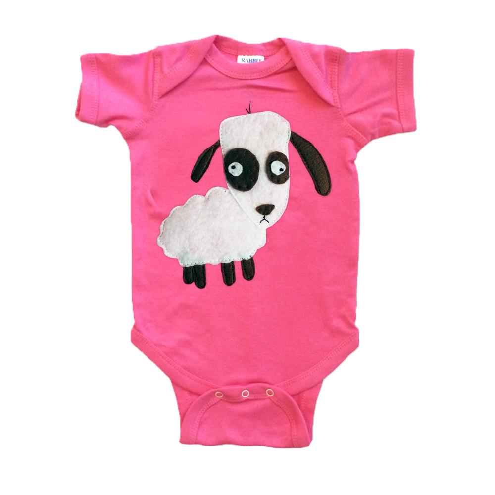 Baby onesie featuring a cute sheep design from mi cielo x Matthew Langille in raspberry color, made by Sky Blue Milo.