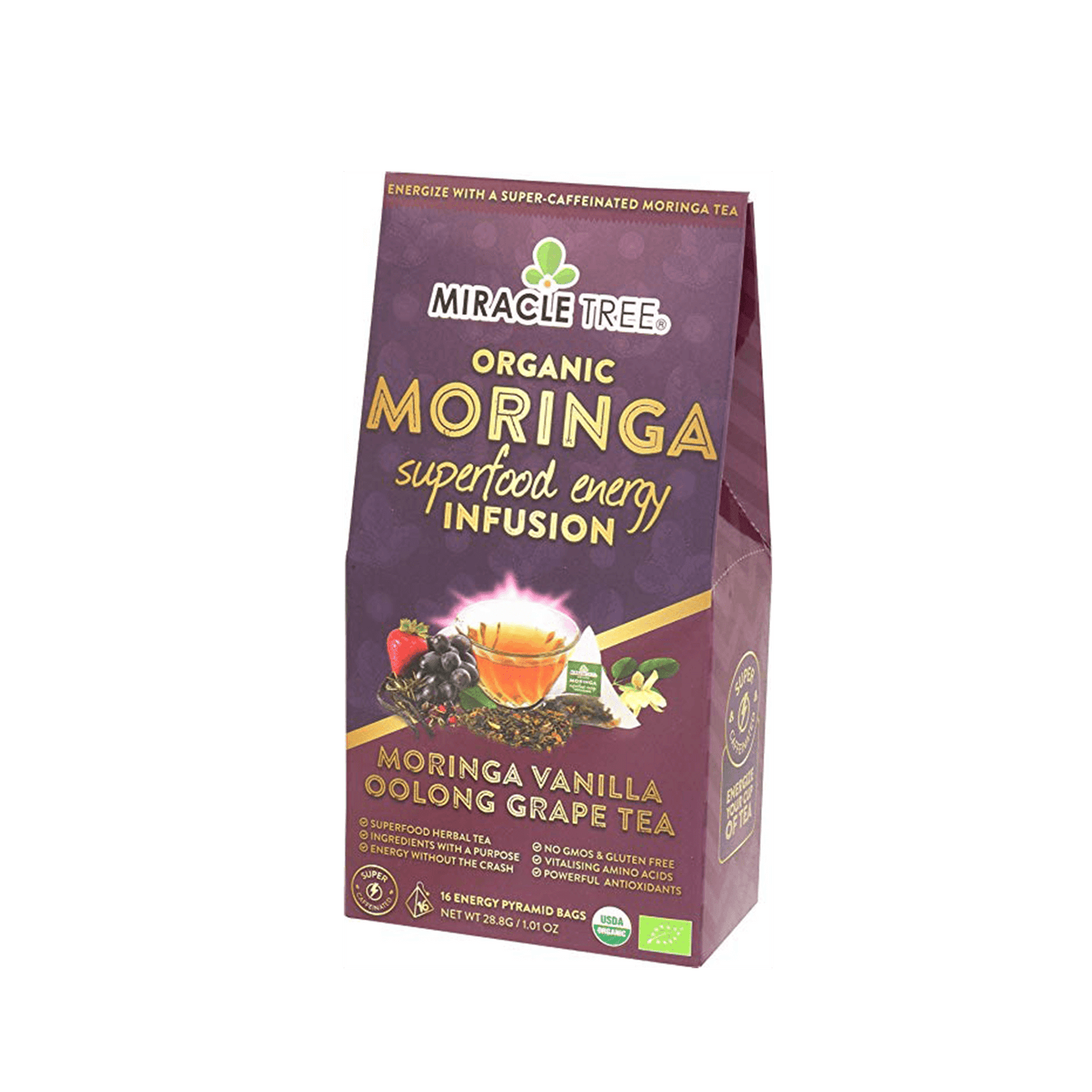 Organic Moringa Energy Tea by Gold Milo, grape vanilla flavor in a natural tea beverage with fresh herbs and fruit ingredients.