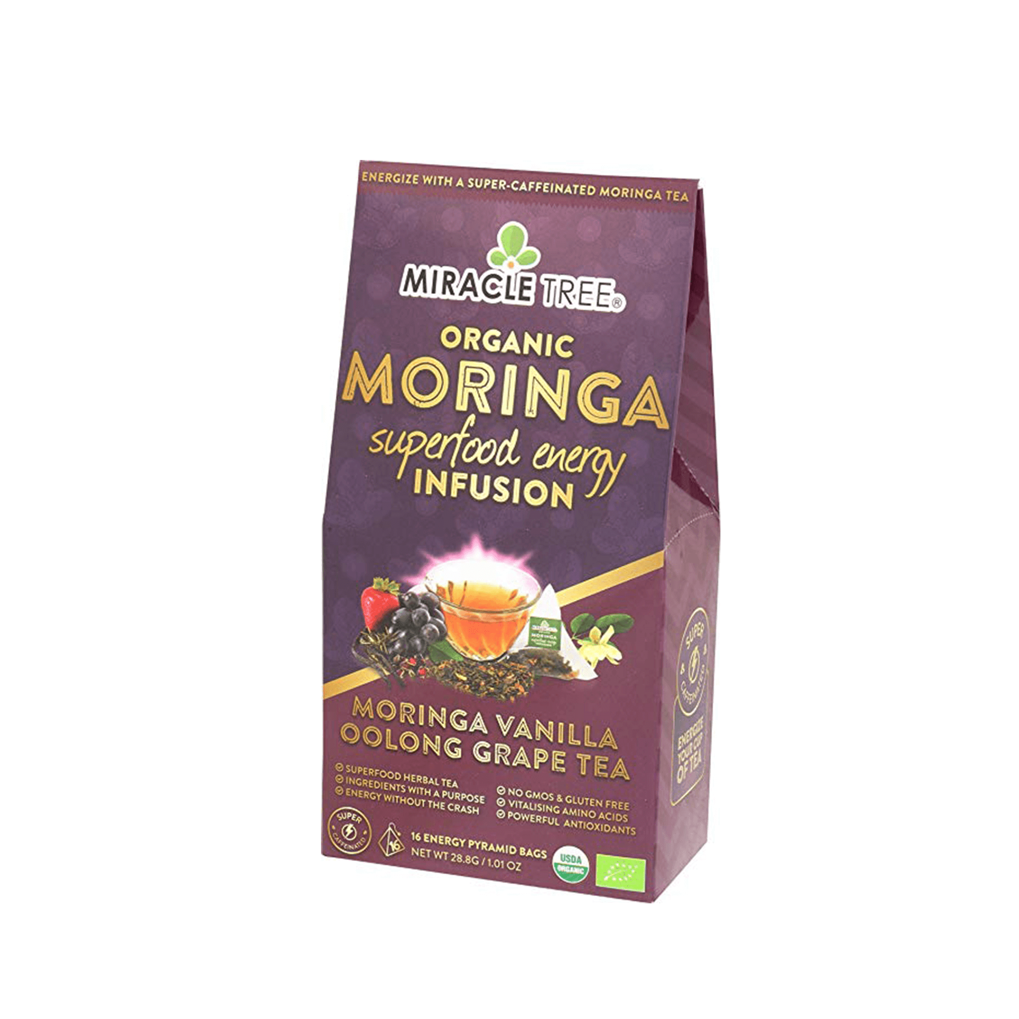 Organic Moringa Energy Tea by Gold Milo, grape vanilla flavor in a natural tea beverage with fresh herbs and fruit ingredients.