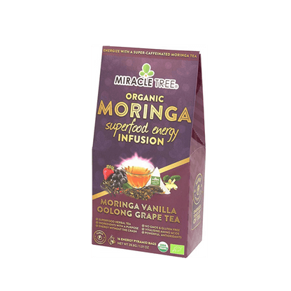 Organic Moringa Energy Tea by Gold Milo, grape vanilla flavor in a natural tea beverage with fresh herbs and fruit ingredients.