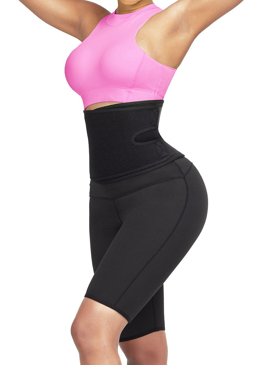 Red 2-in-1 waist trainer and sauna sweat pant by Indigo Osage, made of neoprene for slimming and body shaping during workouts.