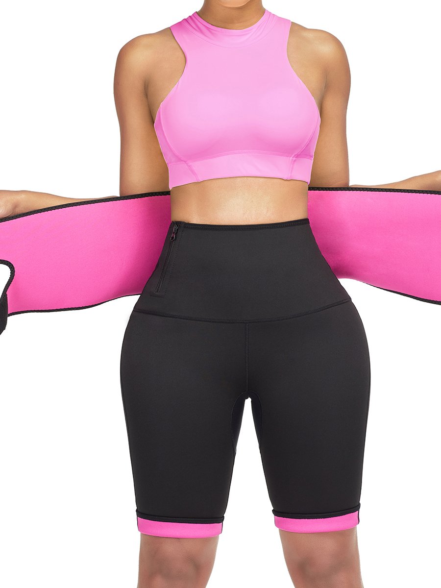 Red 2-in-1 waist trainer and sauna sweat pants by Indigo Osage, designed for slimming and body shaping during workouts.