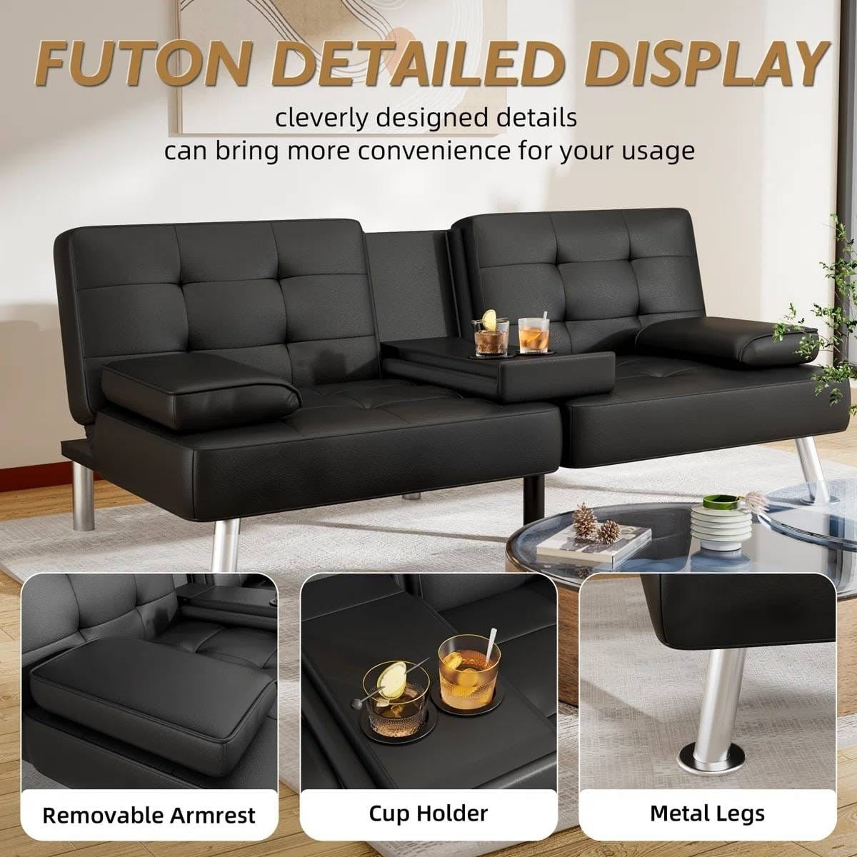 Modern Black Faux Leather Futon Sofa Bed with Armrest and Metal Legs