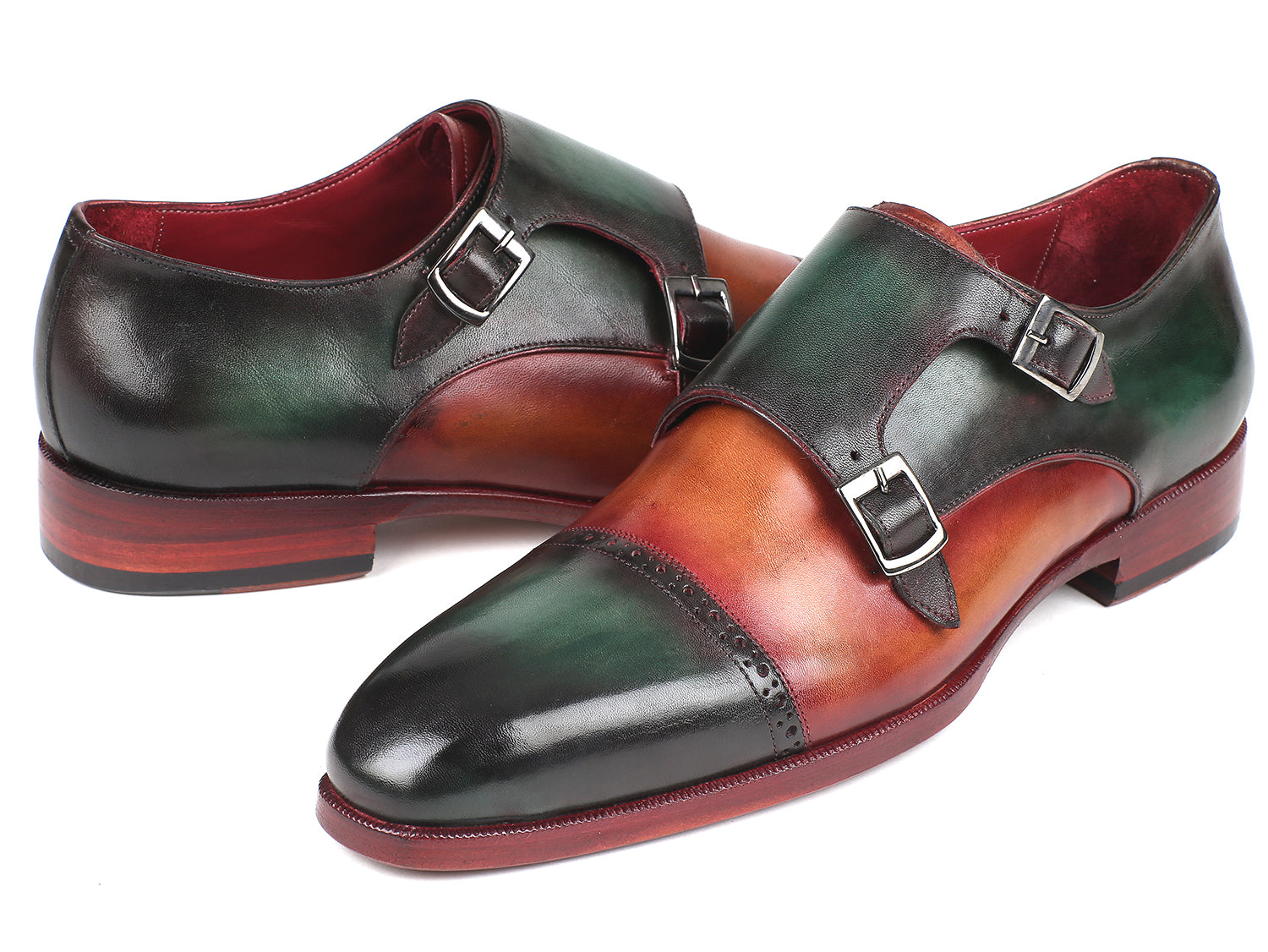 Ruby Ophion Paul Parkman captoe double monkstraps in green and camel leather, showcasing sleek footwear design.