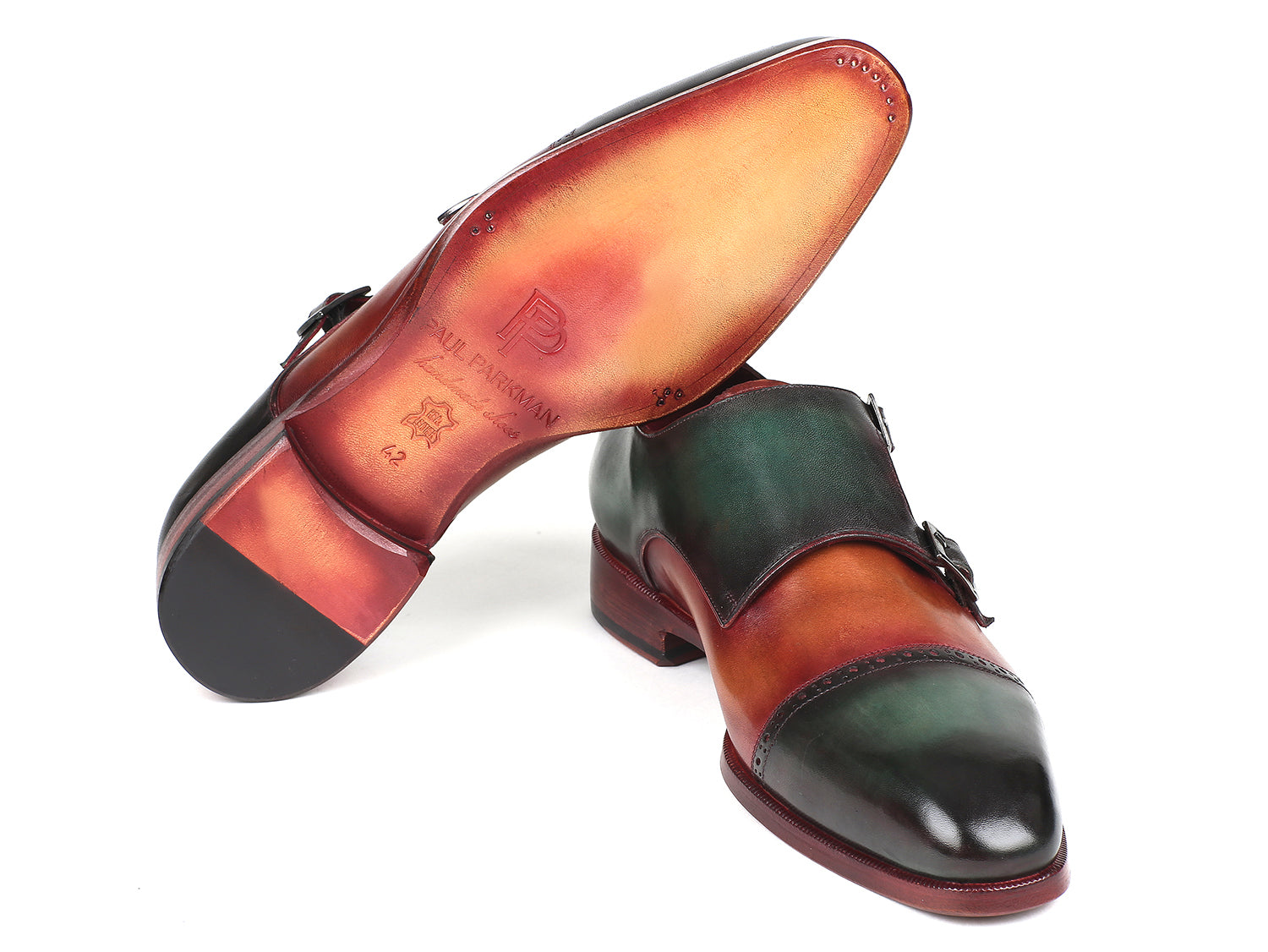 Ruby Ophion Paul Parkman captoe double monkstrap shoes in green and camel leather, showcasing stylish footwear detail.