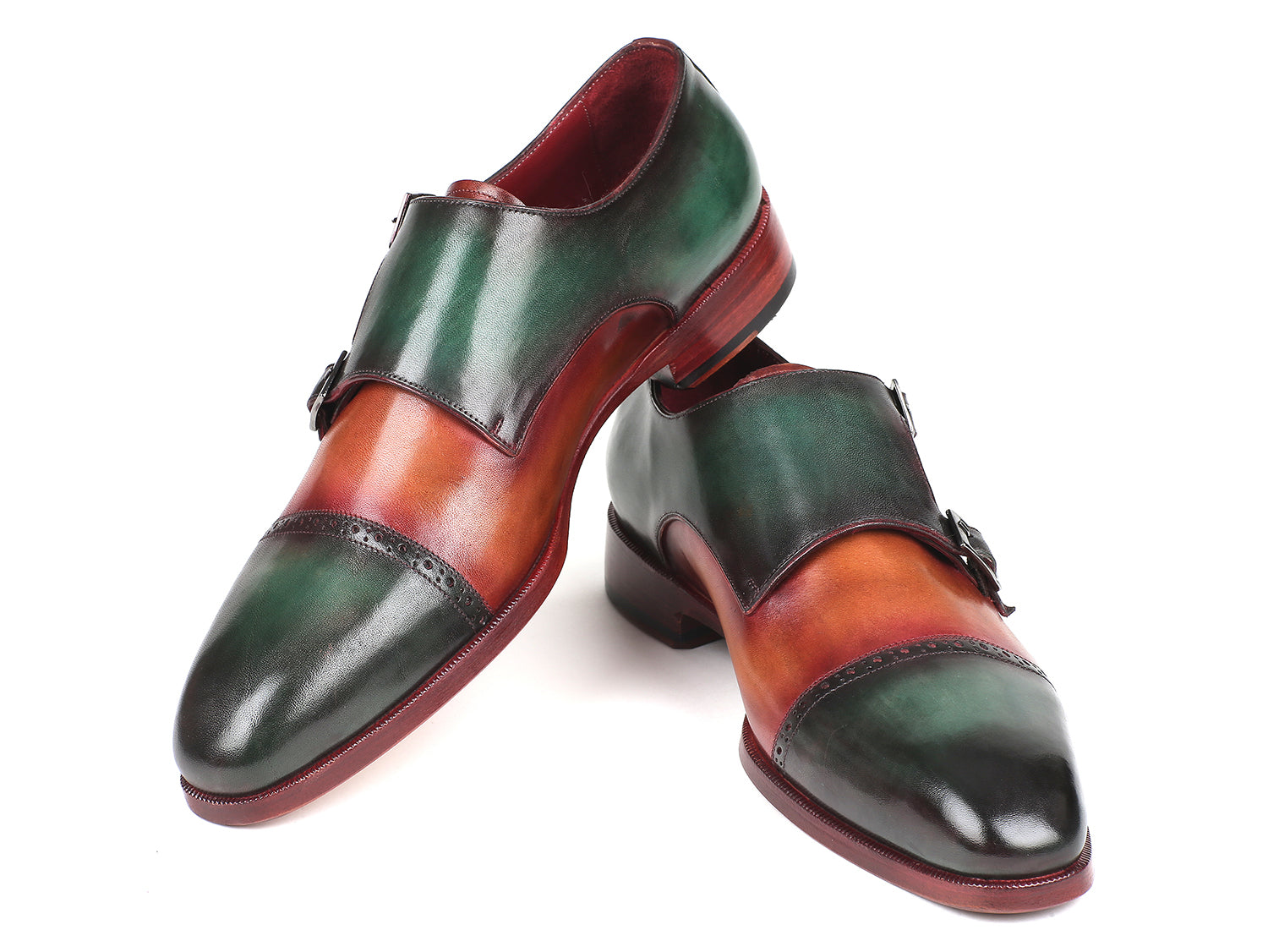 Ruby Ophion Paul Parkman captoe double monkstraps in green and camel leather, showcasing detailed stitching and stylish footwear design.