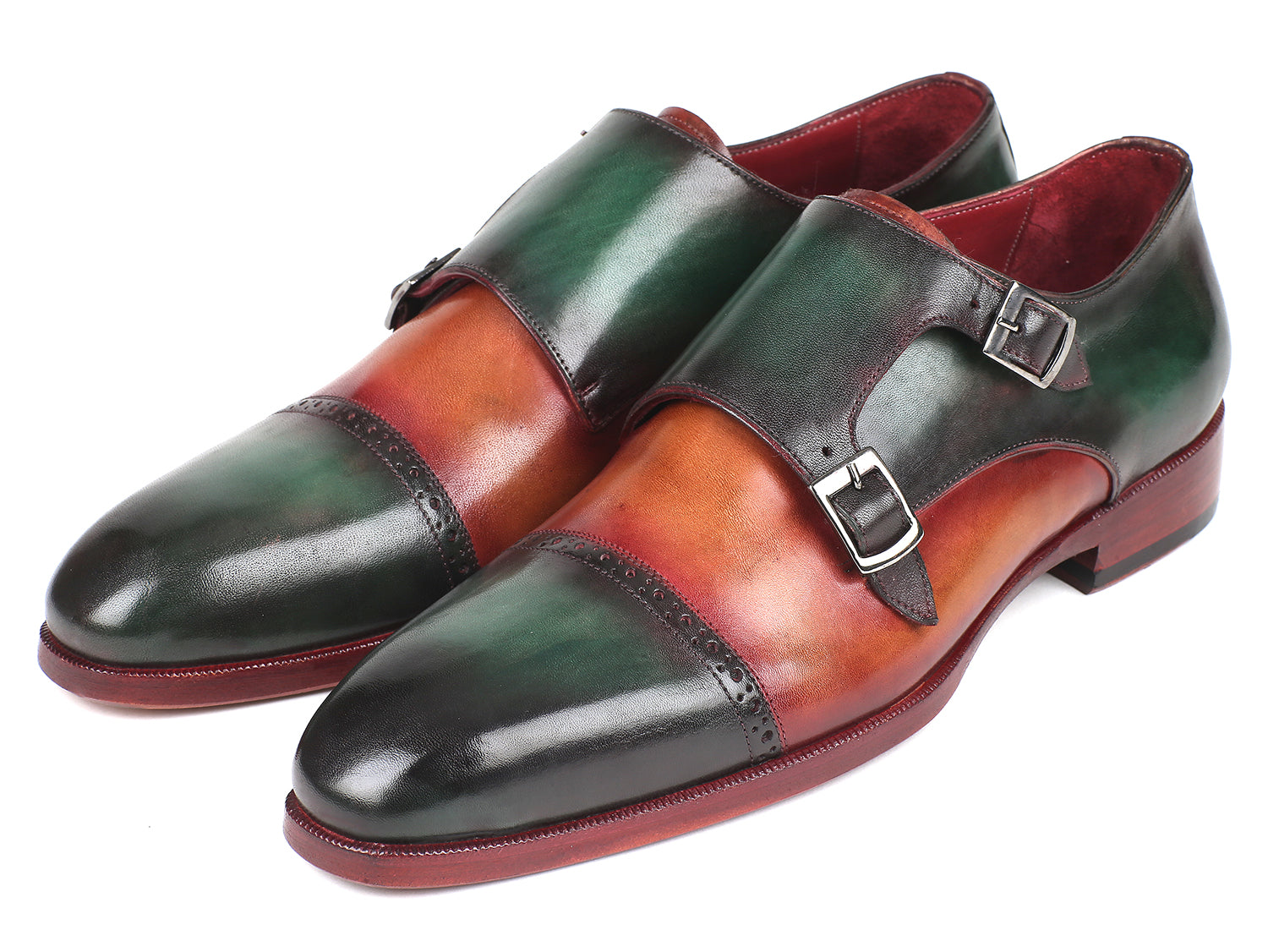 Ruby Ophion Paul Parkman green and camel leather captoe double monkstrap footwear with stylish buckle details.