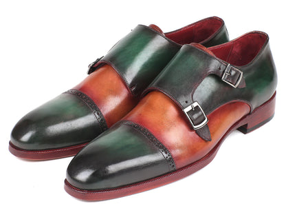 Ruby Ophion Paul Parkman green and camel leather captoe double monkstrap footwear with stylish buckle details.