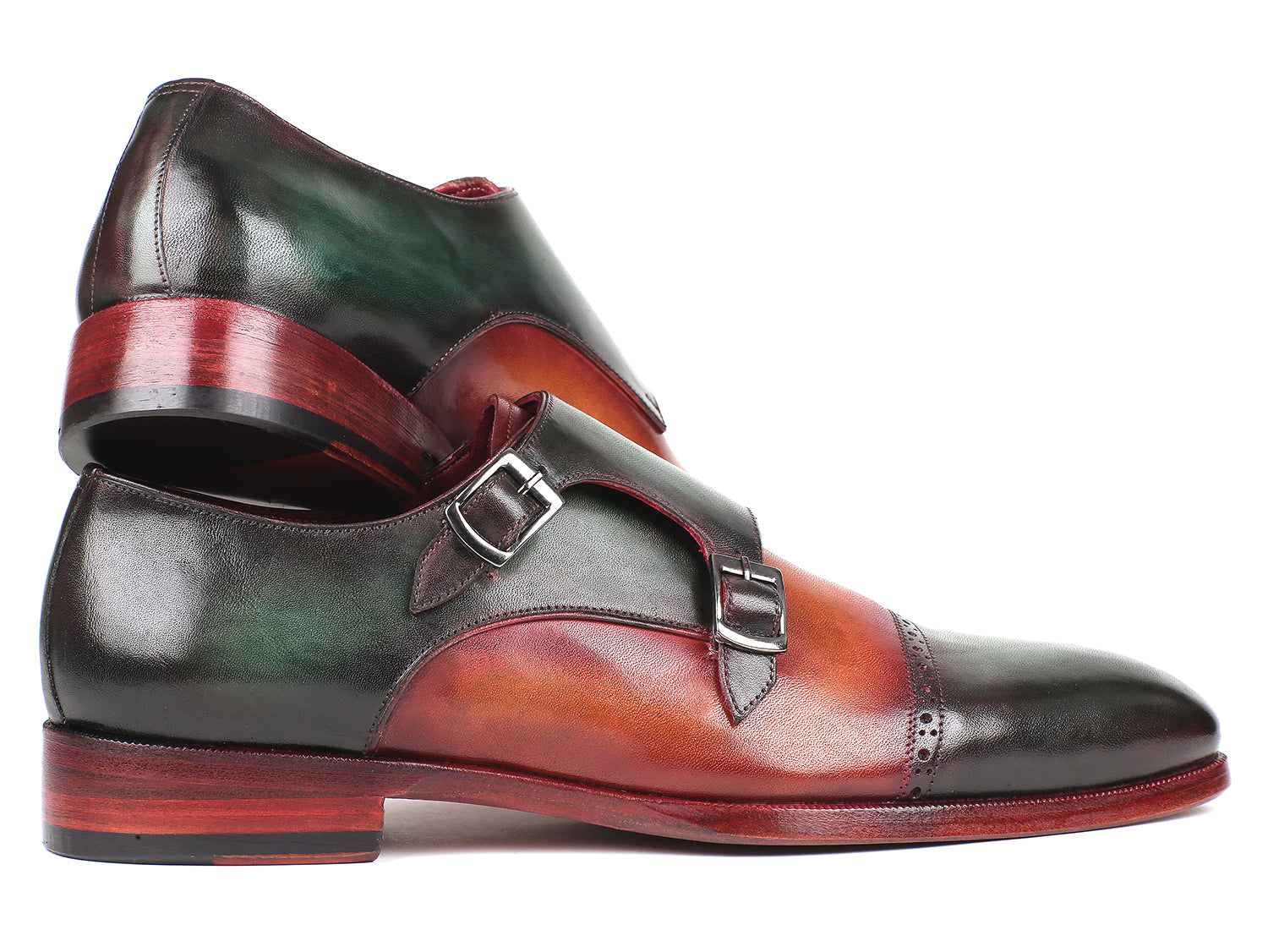 Ruby Ophion Paul Parkman green and camel captoe double monkstrap footwear, showcasing stylish leather shoes with buckle details.