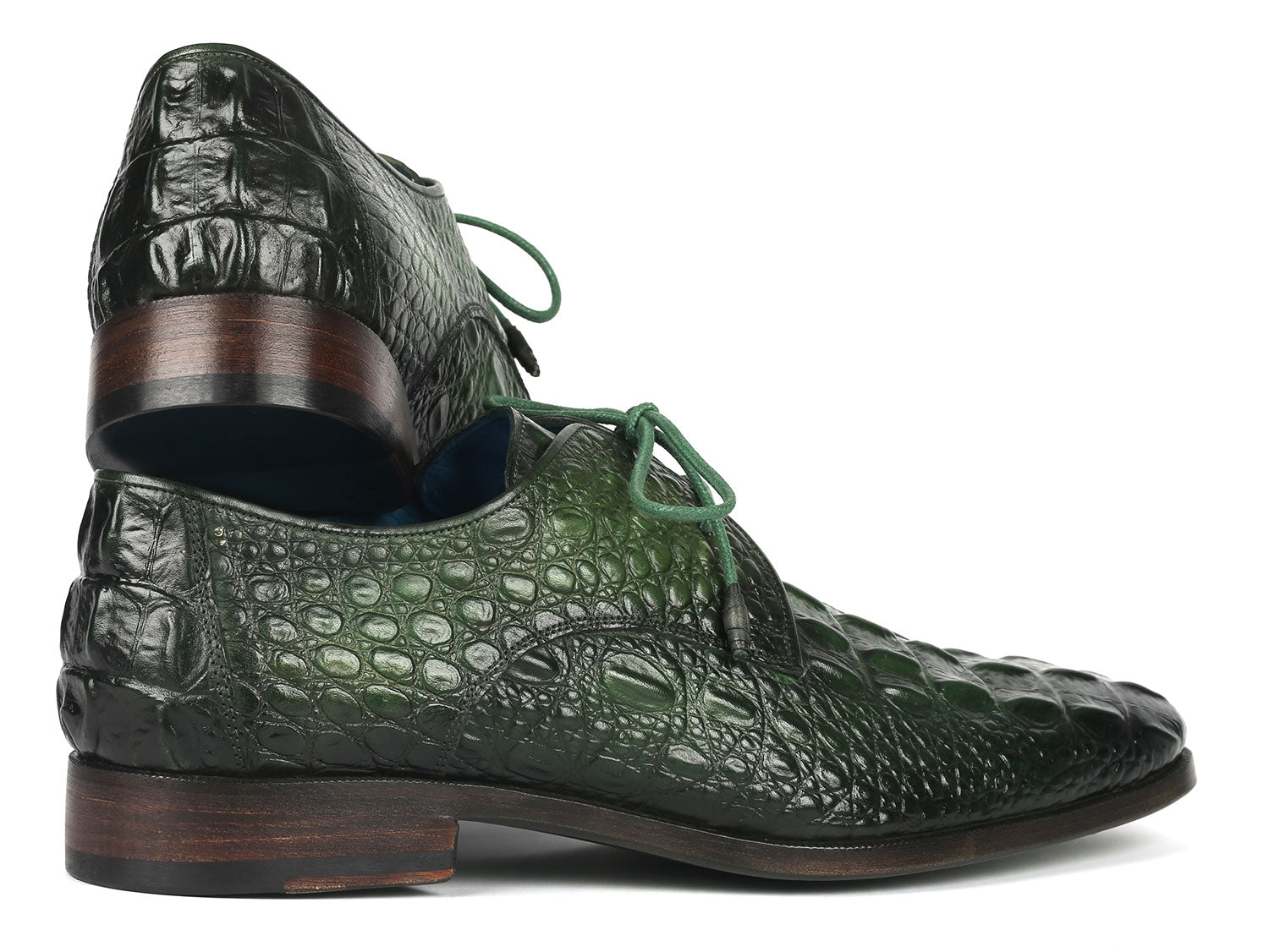 Green croco-textured leather derby shoes for men by Ruby Ophion, featuring classic design and polished finish.