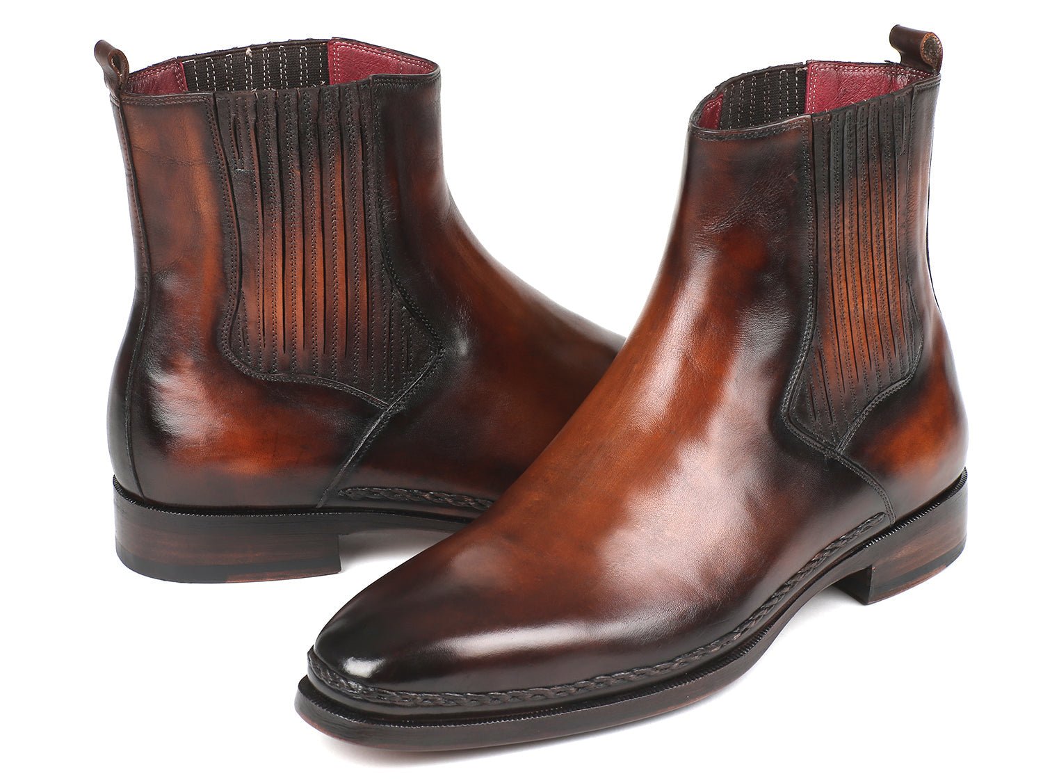 Brown burnished leather Paul Parkman Chelsea boots by Ruby Ophion with elastic side panels and stylish ankle height.
