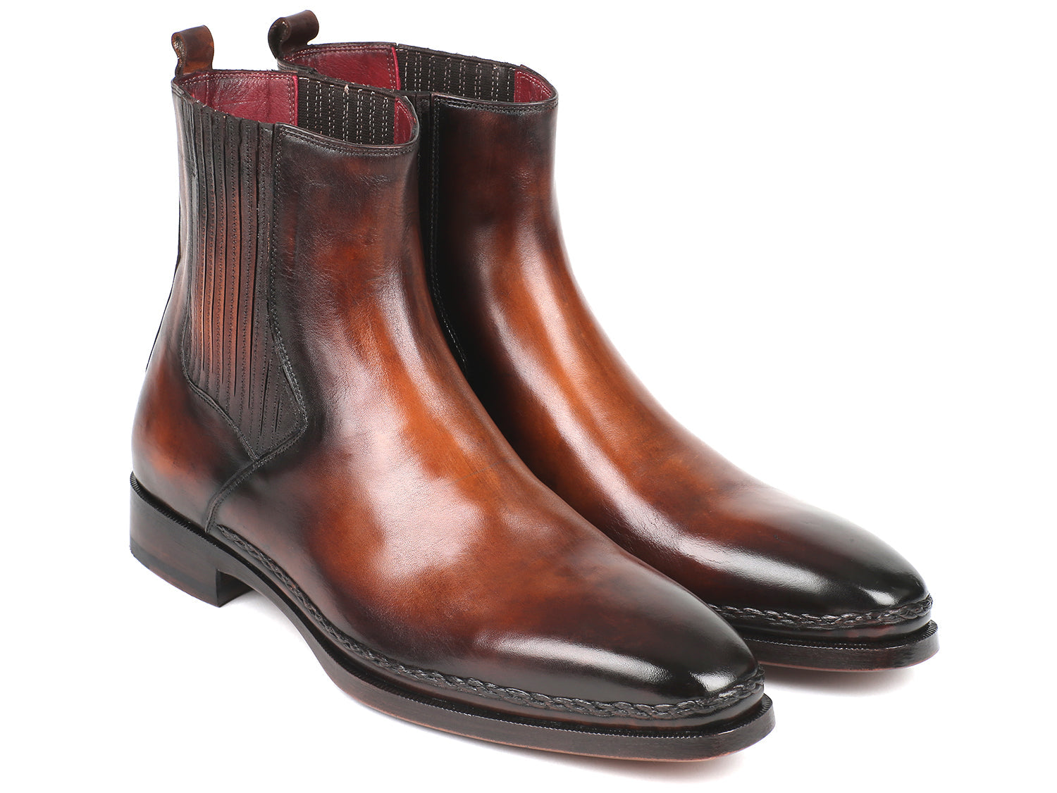 Brown burnished leather Paul Parkman Chelsea boots by Ruby Ophion, featuring classic slip-on design and sturdy footwear style.