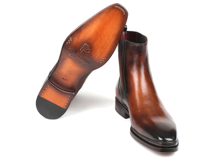 Brown burnished leather Paul Parkman Chelsea boots by Ruby Ophion, showcasing sleek design and stylish ankle-high footwear.