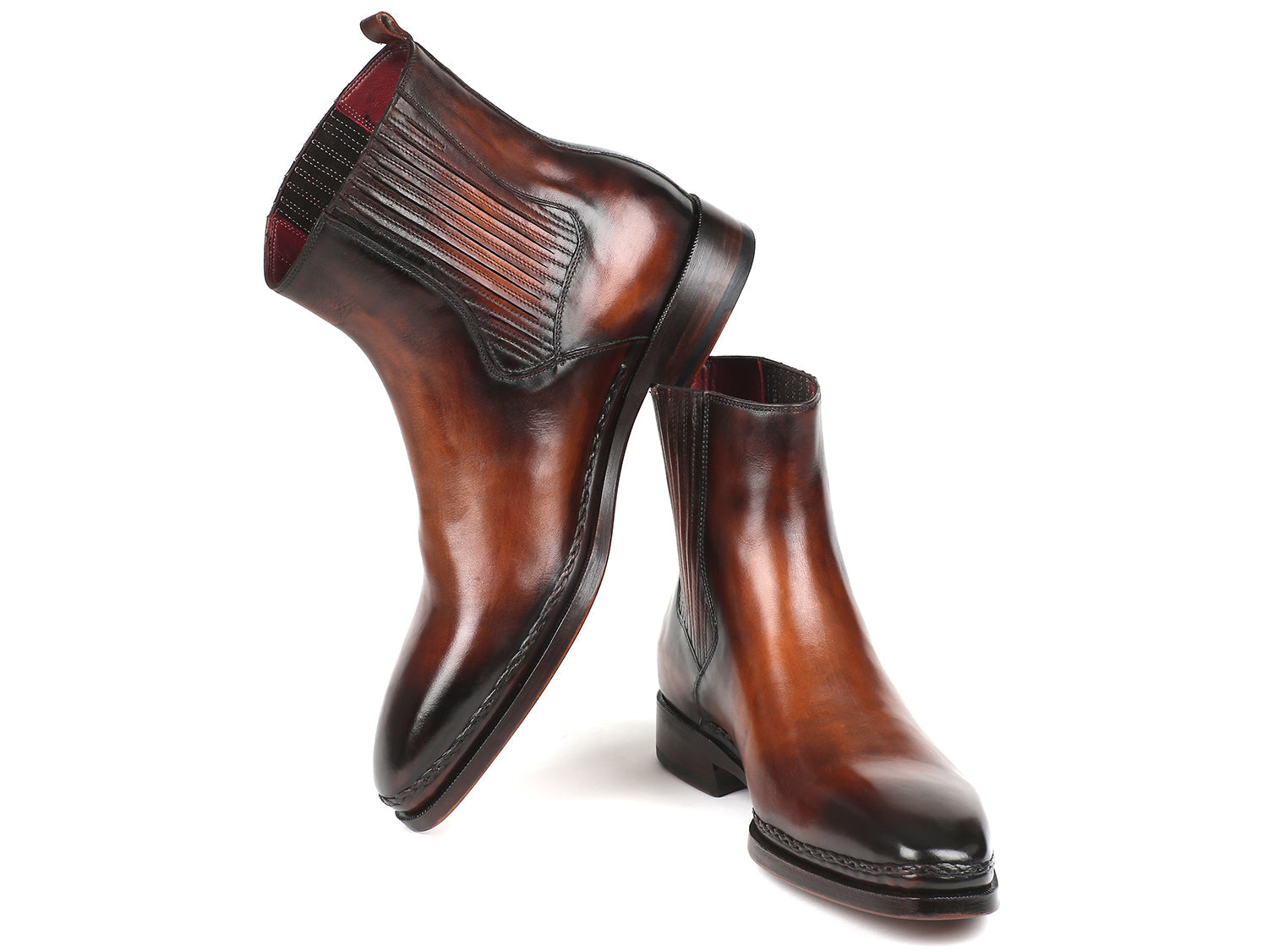 Brown burnished leather Paul Parkman Chelsea boots by Ruby Ophion, featuring classic design and ankle-high style.