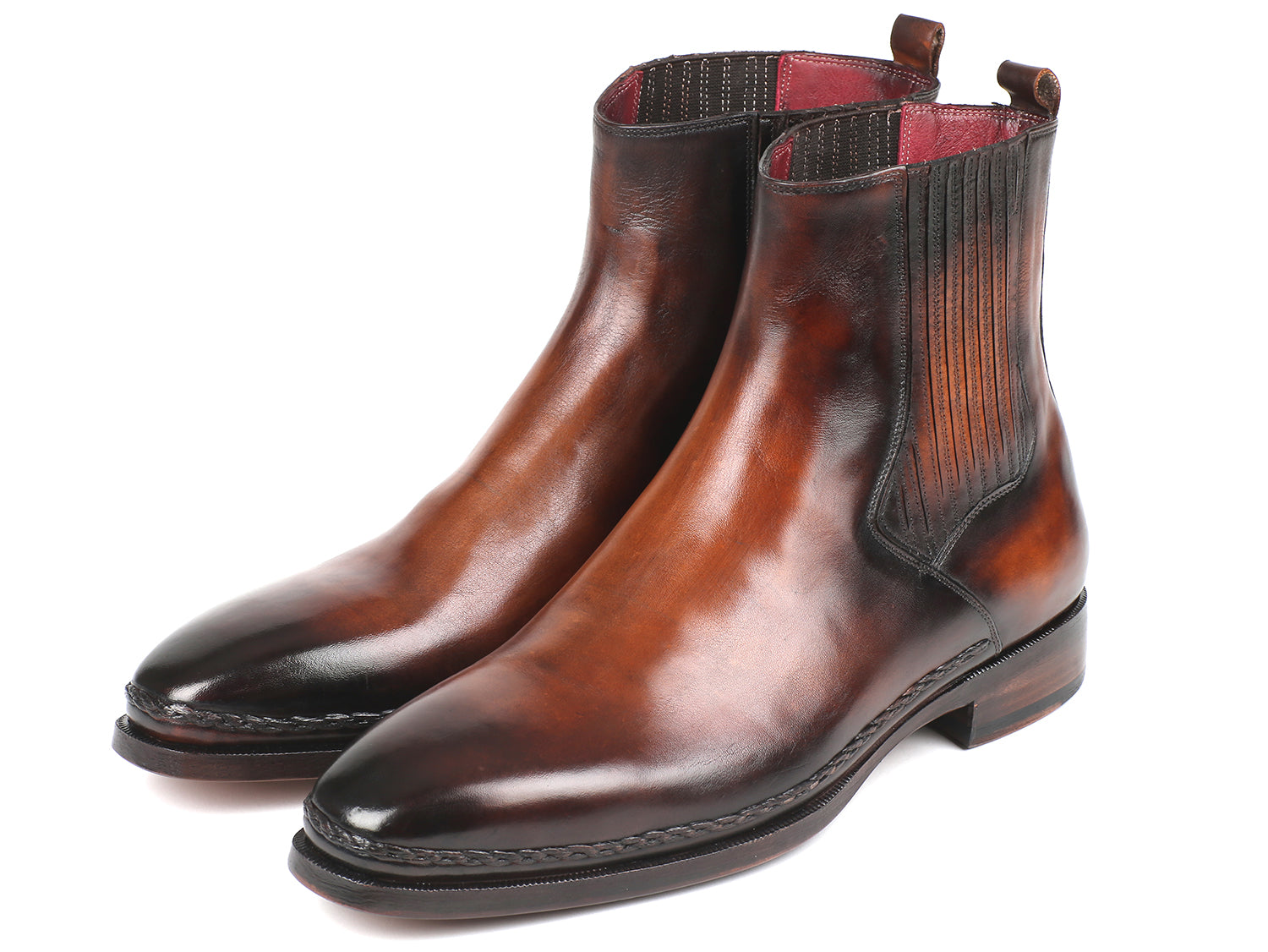 Brown burnished leather Chelsea boots by Ruby Ophion, featuring sleek design and elastic side panels for a stylish fit.
