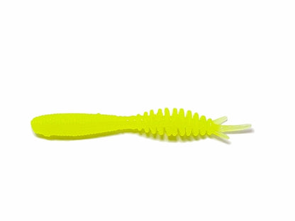 Aquamarine Misty 2-inch floating maggot fishing bait, close-up of realistic soft plastic lure for freshwater fishing.