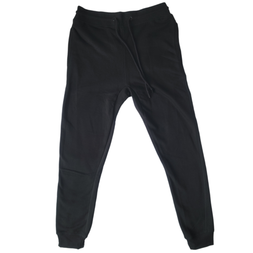 Makade black joggers from Grey Trillium, casual athletic pants with a relaxed fit and elastic waistband, shown on a model.