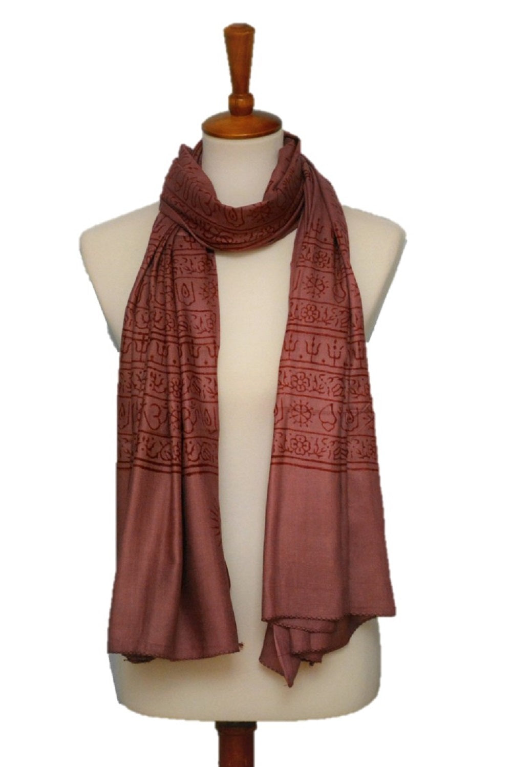 Large OM Yoga meditation mantra prayer shawl by Alabaster, featuring intricate design and soft fabric, draped to showcase its size and pattern.