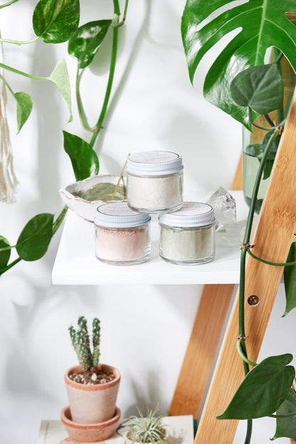 White Smokey clay face mask trio with rose, French green, kaolin clay, and turmeric in a set of three skincare masks.