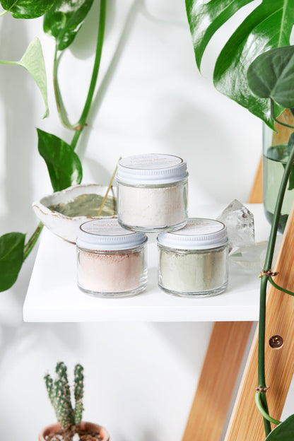 White Smokey clay face mask trio featuring rose, French green, and kaolin clay with turmeric for skin detox and revitalization.