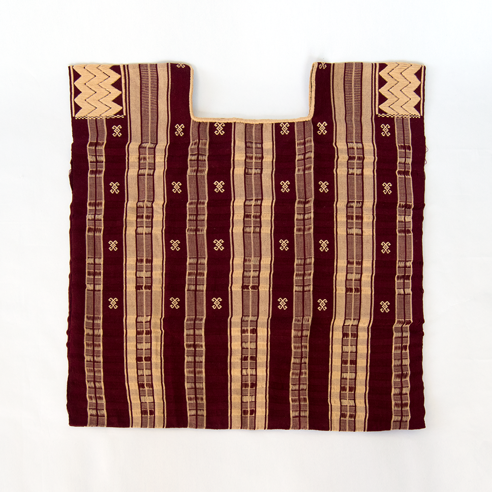 Handmade burgundy huipil for women by Violet Athena, featuring intricate embroidery and traditional design.