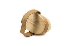 Side view of Periwinkle Lucy all-vegan wooden beard brush with natural wood finish for bodycare.