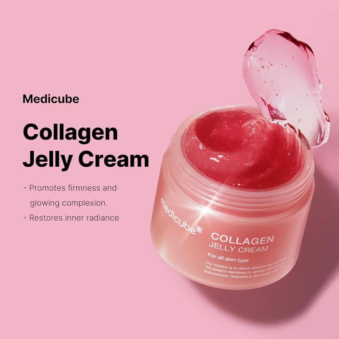 Silver Abderus Medicube Collagen Jelly Cream 50ml in a jar, showing the smooth, glossy skincare product for hydration and anti-aging.