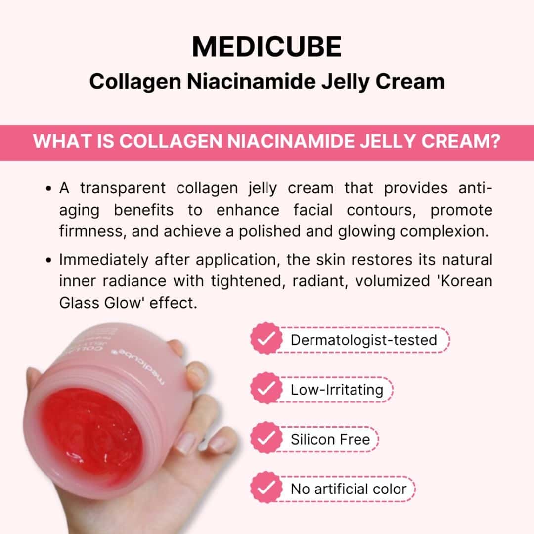Silver Abderus Medicube Collagen Jelly Cream 50ml jar, smooth gel texture, ideal for nourishing and hydrating skin.