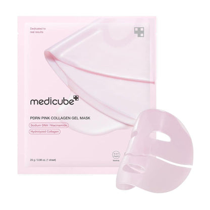 Medicube PDRN Pink Collagen Gel Mask by Harlequin Chestnut, showing the pink collagen gel mask in a clear container.