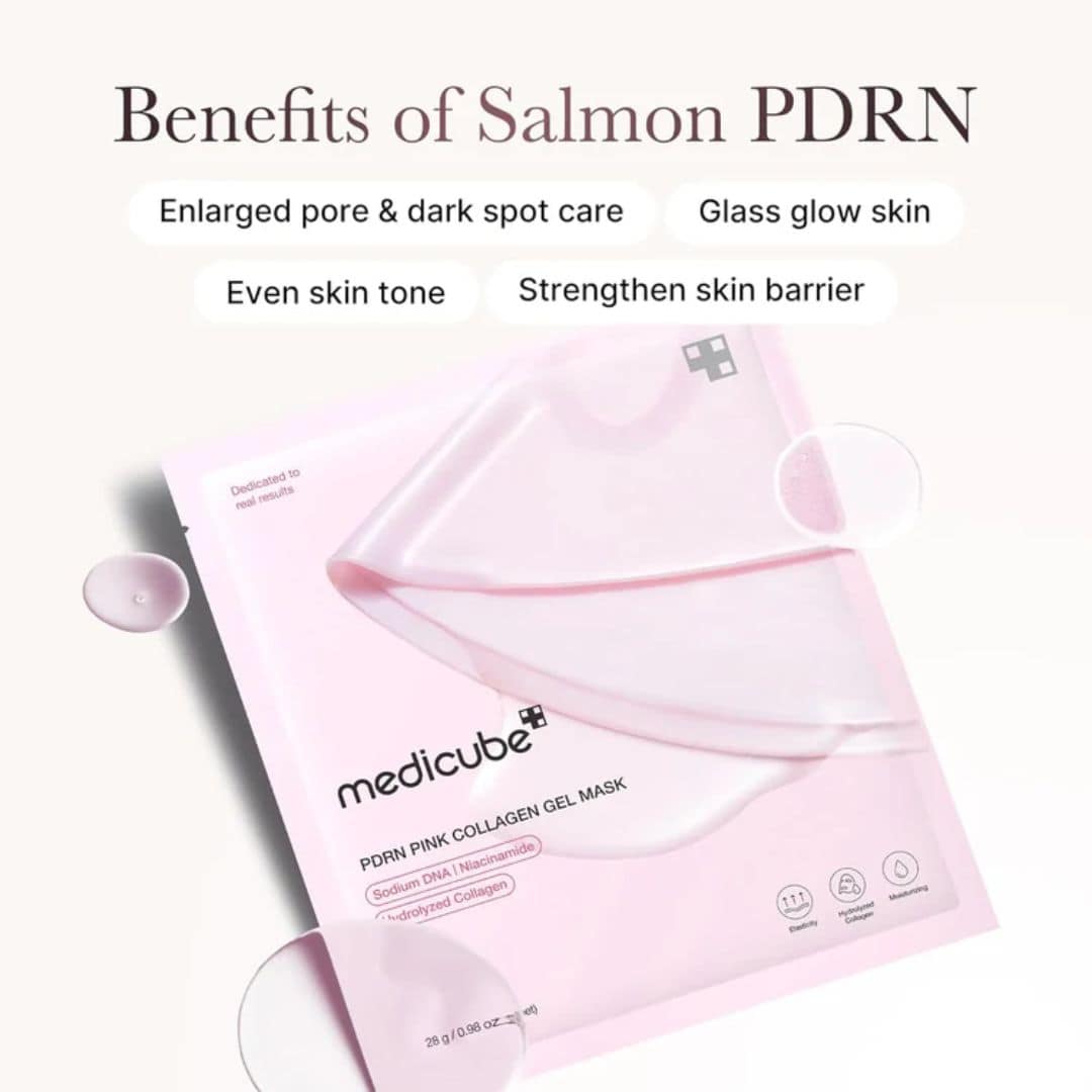 Medicube PDRN Pink Collagen Gel Mask by Harlequin Chestnut, a pink sheet mask designed for skincare and hydration.