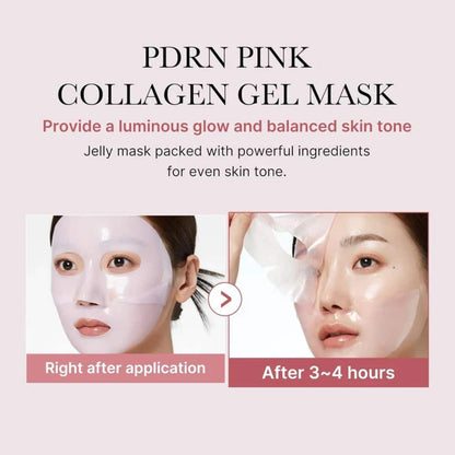 Medicube PDRN Pink Collagen Gel Mask by Harlequin Chestnut, showing a pink collagen gel mask in a clear container.