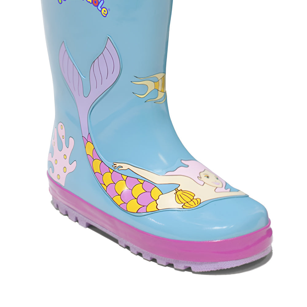 Kids Mermaid Rain Boots by Magenta Ash featuring colorful mermaid scale design and waterproof rubber material.