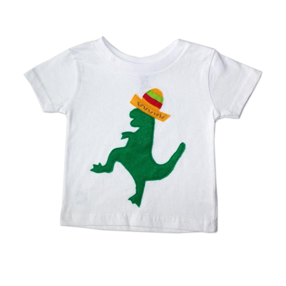 Toddler kids T-shirt featuring a Mexican dancing dinosaur with sombrero from Sky Blue Milo, colorful and playful design.