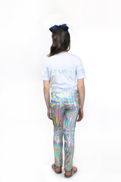 Kids Stella bamboo jersey and holographic sequin top by Sky Blue Beech, featuring a playful design and vibrant details.