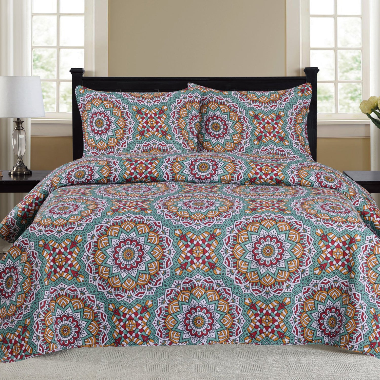 Azure Zeus Cynthia 3-piece quilt set with colorful, multi-patterned bedding for a cozy bedroom decor.