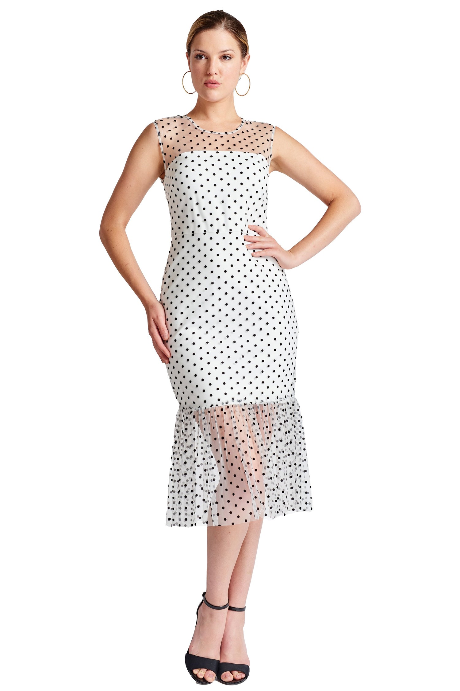 Peach Dionysus Muse sleeveless polka dot midi mesh dress with a fitted silhouette and classic round neckline.