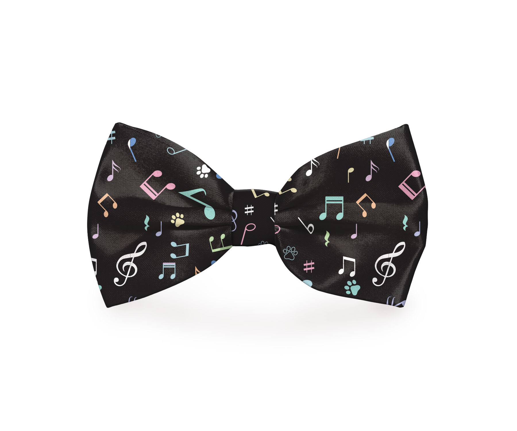 Black dog bow tie featuring music notes design, stylish pet accessory from Plum Semele for fashionable canine wear.