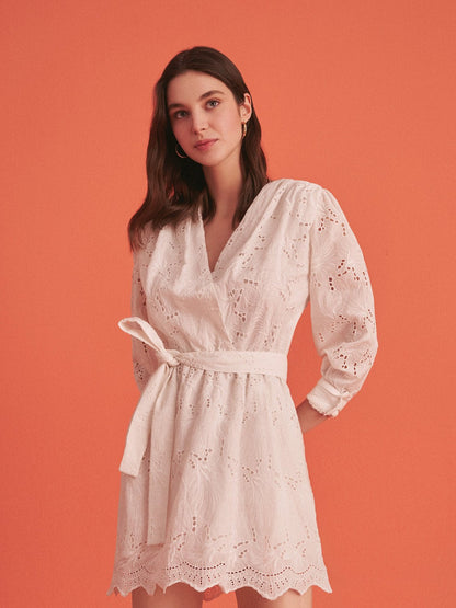 Bronze Aphrodite embroidered wrap mini dress for women, featuring intricate embroidery and a stylish, flattering silhouette.