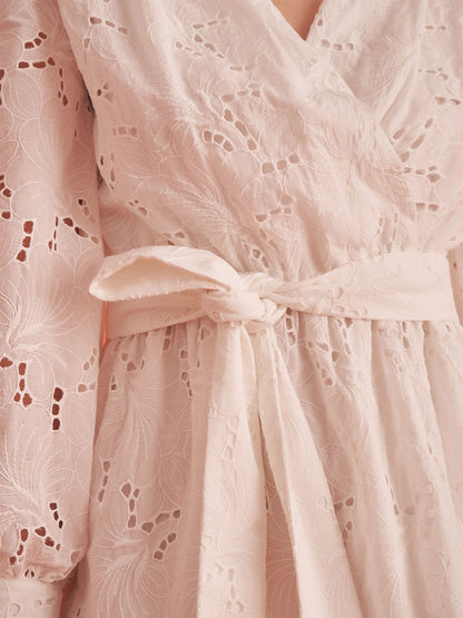 Bronze Aphrodite embroidered wrap mini dress for women, featuring intricate embroidery and a stylish wrap design.