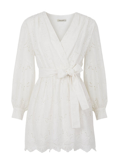 Bronze Aphrodite embroidered wrap mini dress for women, featuring floral embroidery and a stylish, fitted design.