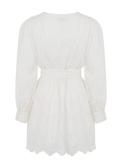 Bronze Aphrodite embroidered wrap mini dress for women, featuring intricate embroidery and a stylish, fitted silhouette.